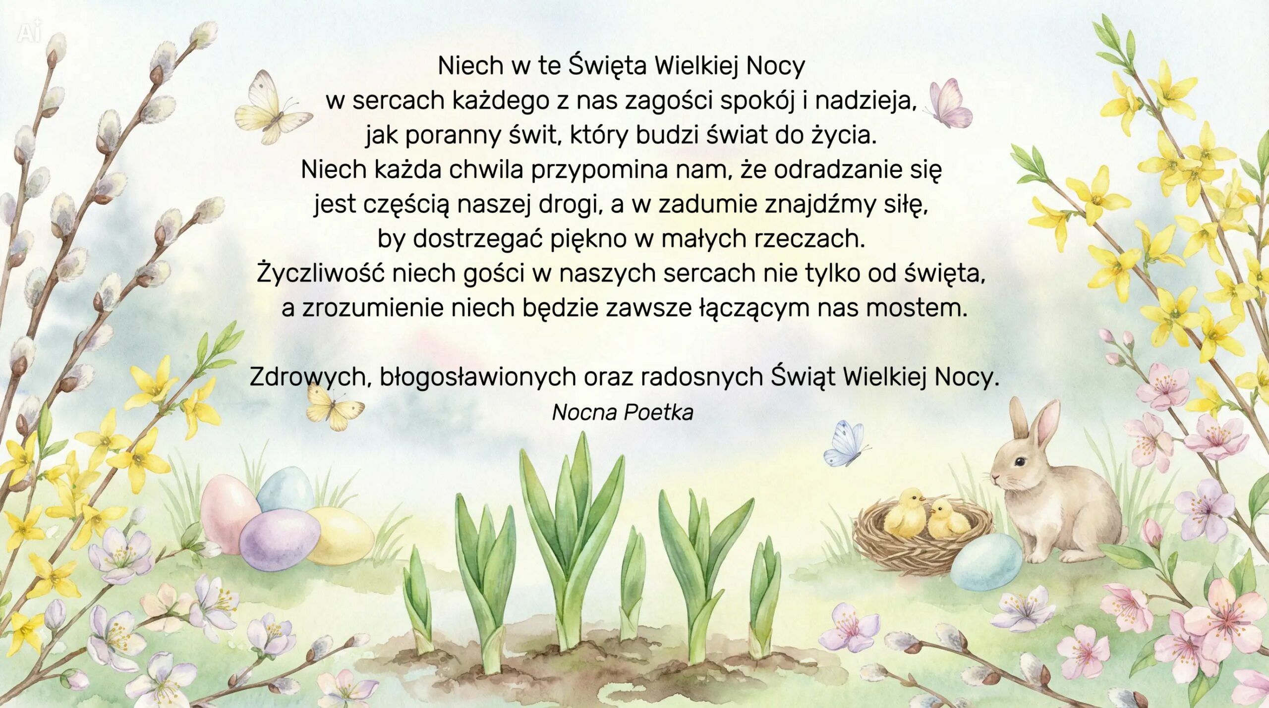 Niech w te Święta Wielkiej Nocy w sercach każdego z nas zagości spokój i nadzieja, jak poranny świt, który budzi świat do życia. Niech każda chwila przypomina, że odradzanie się jest częścią naszej drogi, a w zadumie znajdźmy siłę, by dostrzegać piękno w małych rzeczach. Życzliwość niech gości w naszych sercach nie tylko od święta, a zrozumienie niech będzie zawsze łączącym nas mostem.
Zdrowych, błogosławionych oraz radosnych Świąt Wielkiej Nocy.
Nocna Poetka